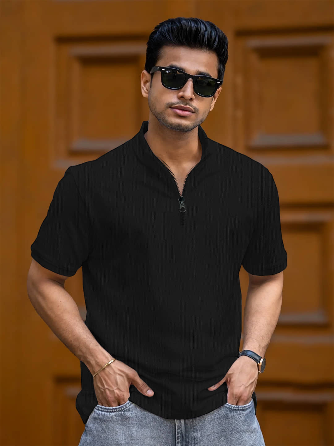 Leotude Men Cotton Blend Regular Fit Solid Polo T Shirt ( Black )