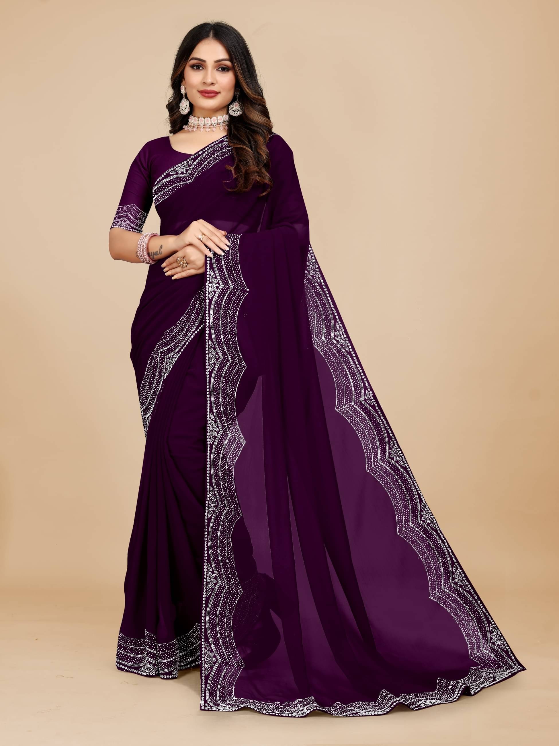 MAYRAAFASHION Georgette Embellished Saree With Unstitched Blouse Piece ( Purple ) MAYRAAFASHION Georgette Embellished Saree With Unstitched Blouse Piece ( Purple )