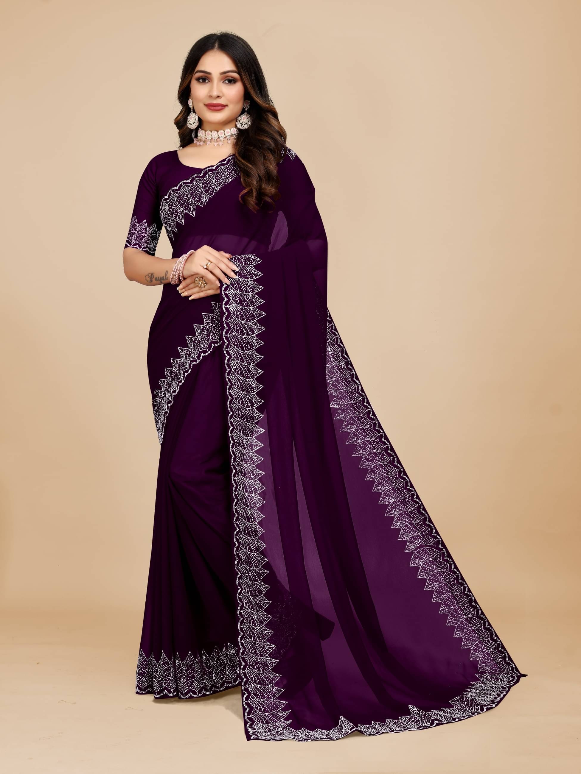 MAYRAAFASHION Georgette Embellished Saree With Unstitched Blouse Piece ( Purple ) MAYRAAFASHION Georgette Embellished Saree With Unstitched Blouse Piece ( Purple )
