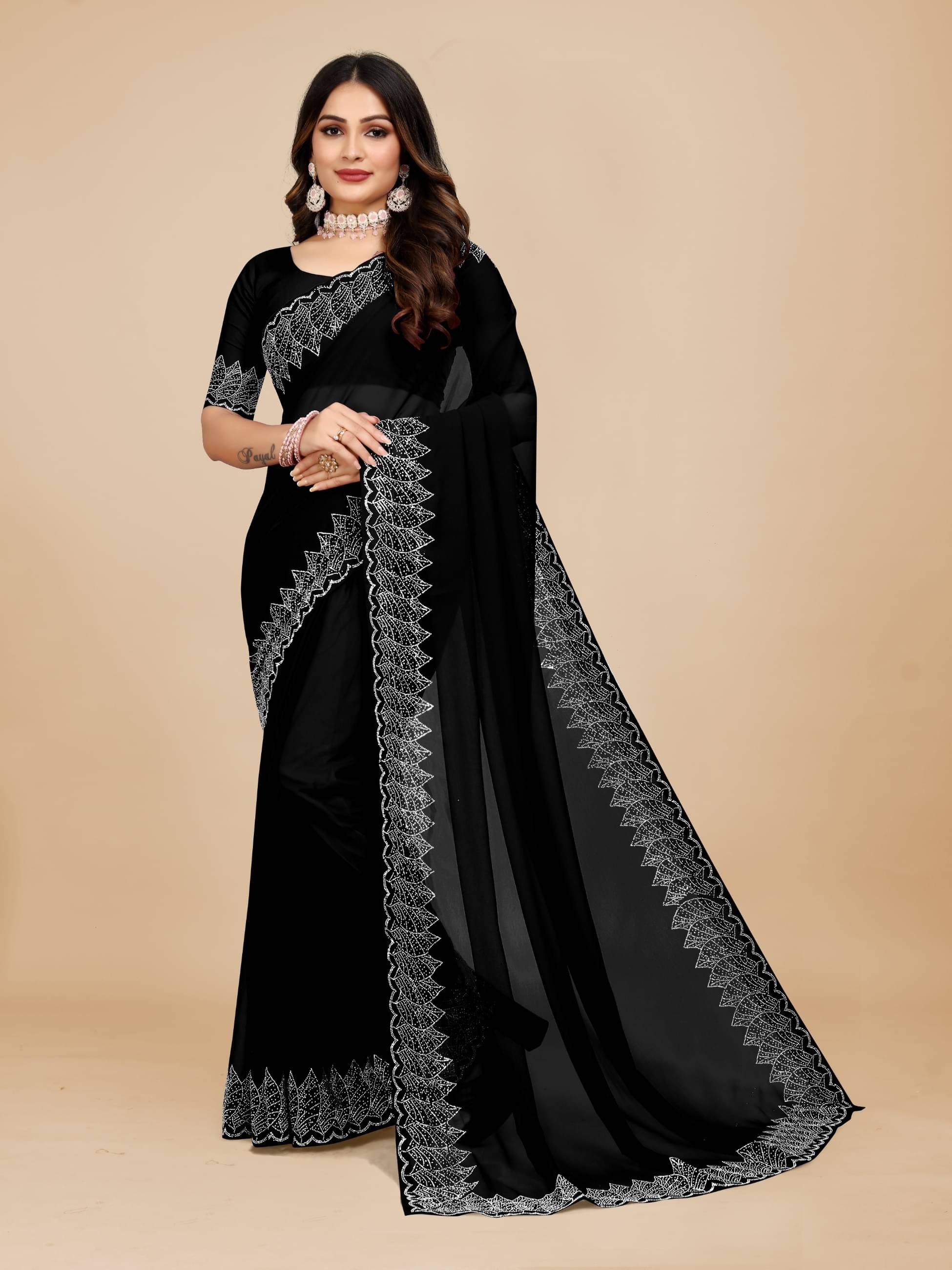 MAYRAAFASHION Georgette Embellished Saree With Unstitched Blouse Piece ( Black ) MAYRAAFASHION Georgette Embellished Saree With Unstitched Blouse Piece ( Black )