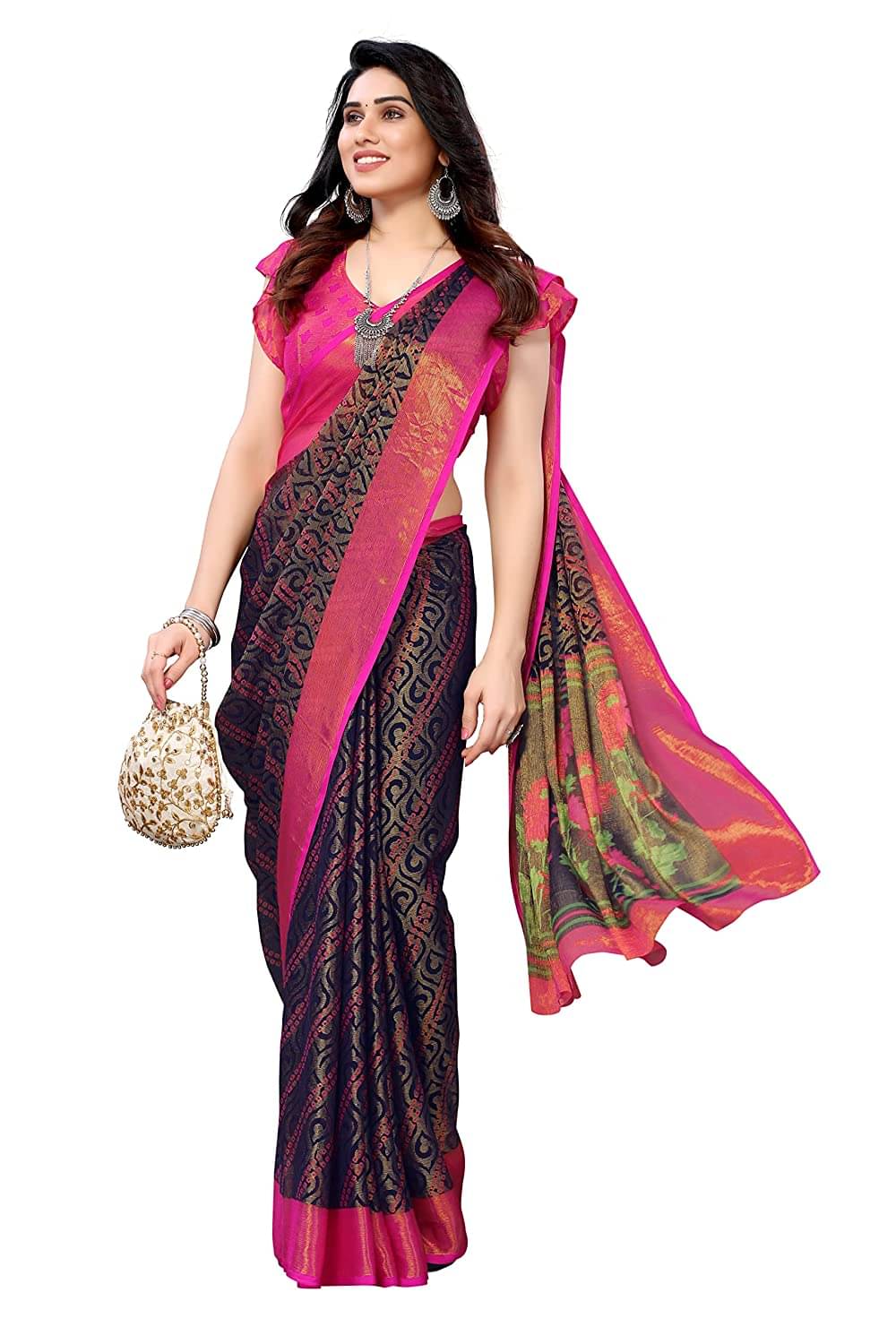     			SHIRODHARI Brasso Printed Ilkal Saree With Unstitched Blouse Piece ( Navy Blue )