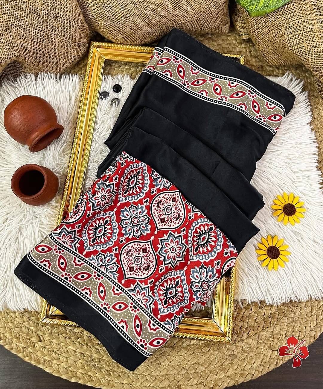 SHIRODHARI Satin Printed Sambalpuri Saree With Unstitched Blouse Piece ( Black ) SHIRODHARI Satin Printed Sambalpuri Saree With Unstitched Blouse Piece ( Black )
