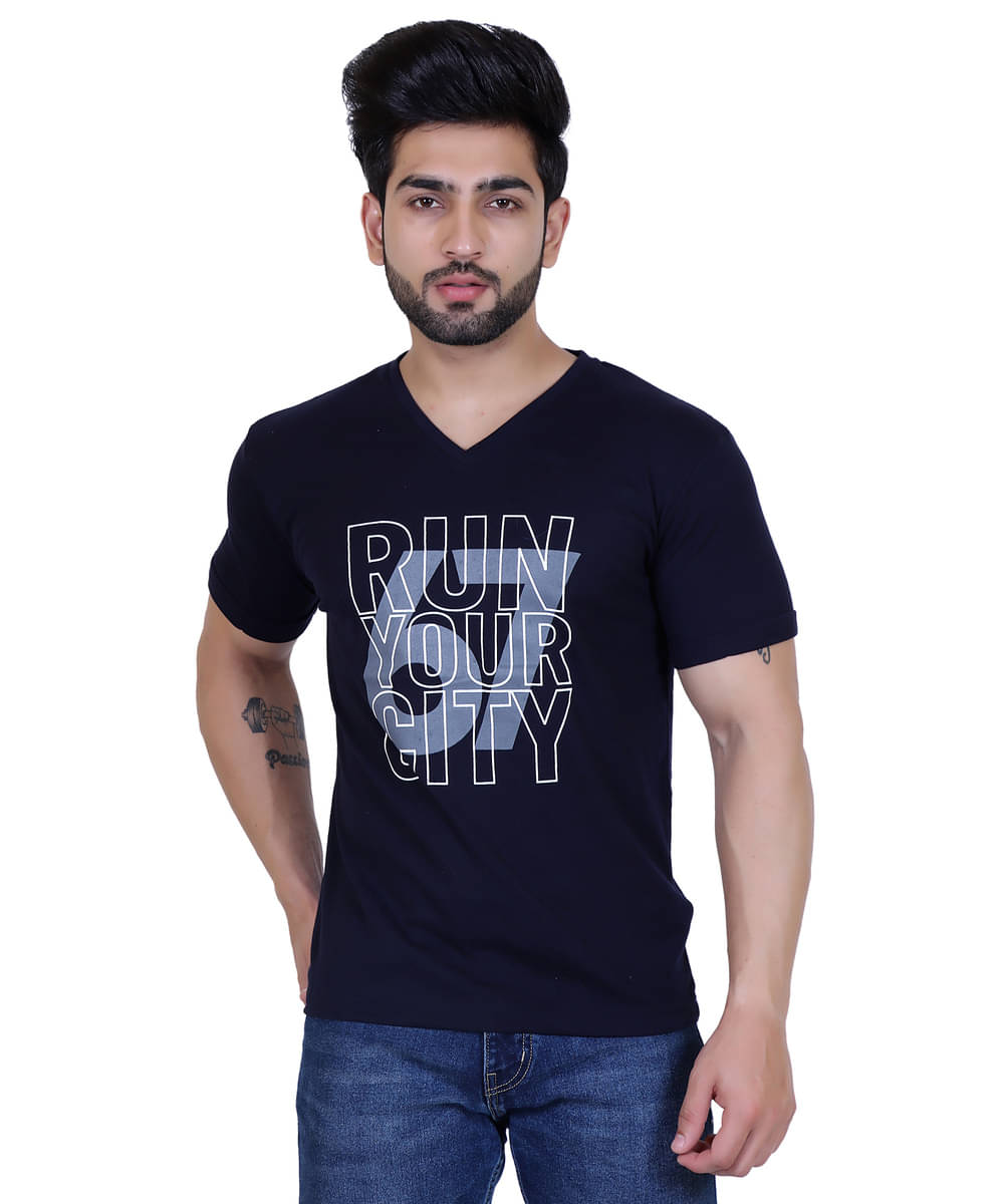 STARFOX Men Cotton Blend Slim Fit Printed T-Shirt ( Navy ) STARFOX Men Cotton Blend Slim Fit Printed T-Shirt ( Navy )
