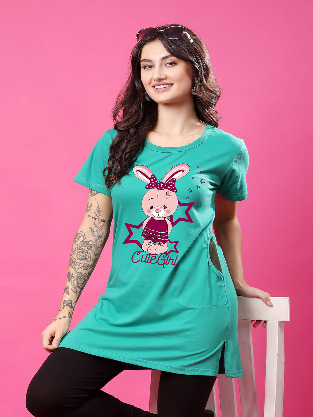SWIFTLY Women Cotton Printed Regular Fit Round Neck T-Shirt ( Teal ) SWIFTLY Women Cotton Printed Regular Fit Round Neck T-Shirt ( Teal )
