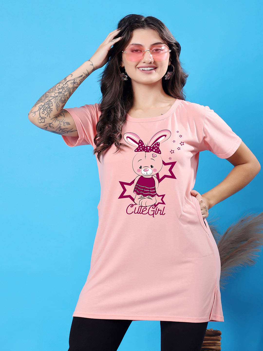     			SWIFTLY Women Cotton Printed Regular Fit Round Neck T-Shirt ( Peach )
