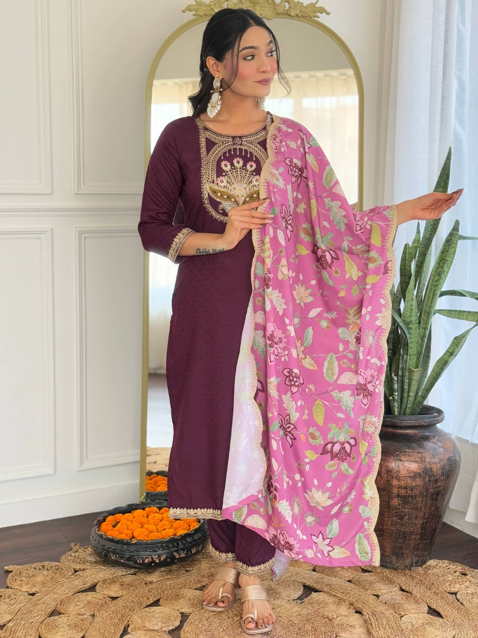     			THE52 Women Viscose Embroidered Straight Kurti With Pants ( Wine )