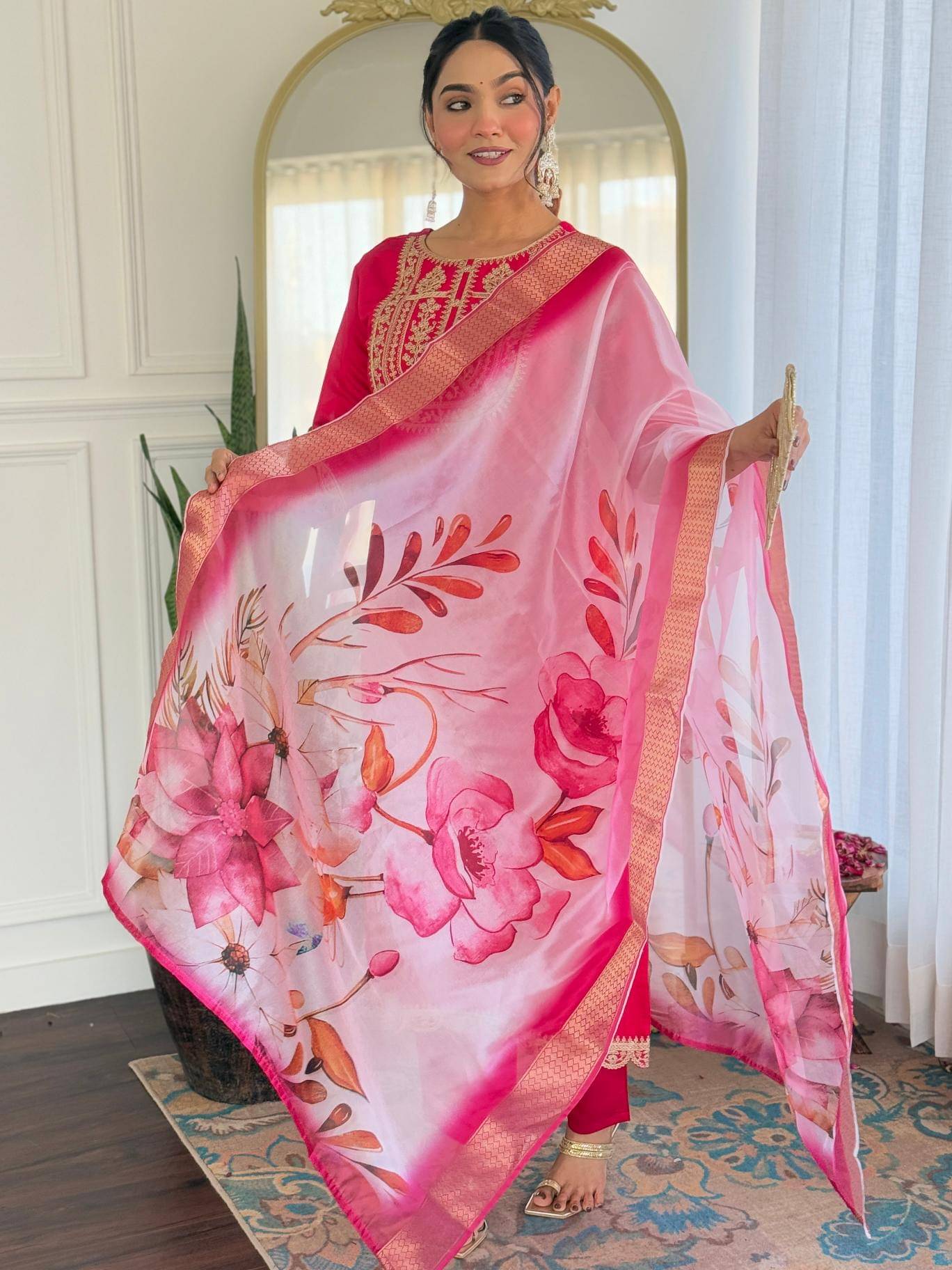     			THE52 Women Viscose Embroidered Straight Kurti With Pants ( Pink )