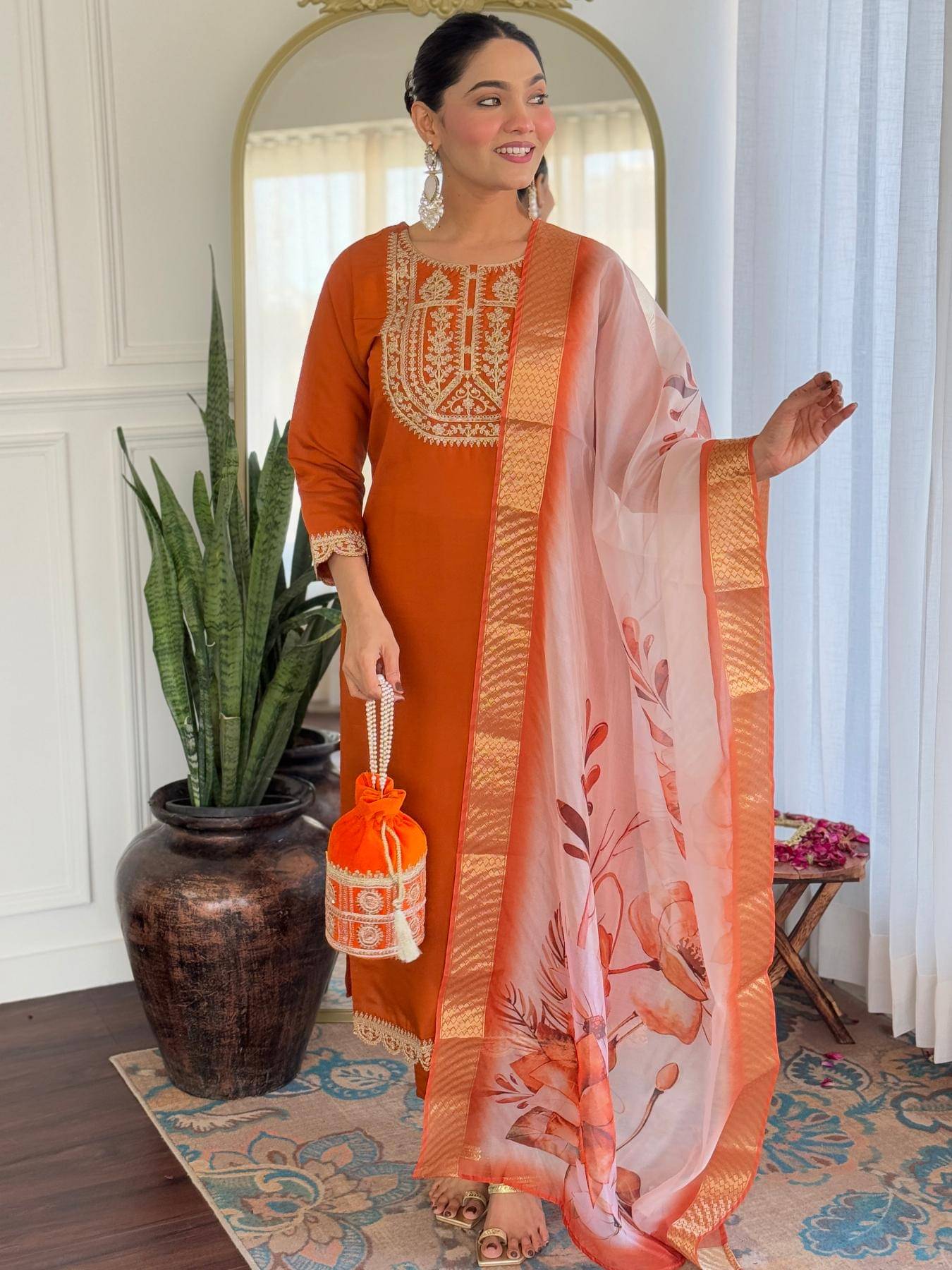     			THE52 Women Viscose Embroidered Straight Kurti With Pants ( Orange )