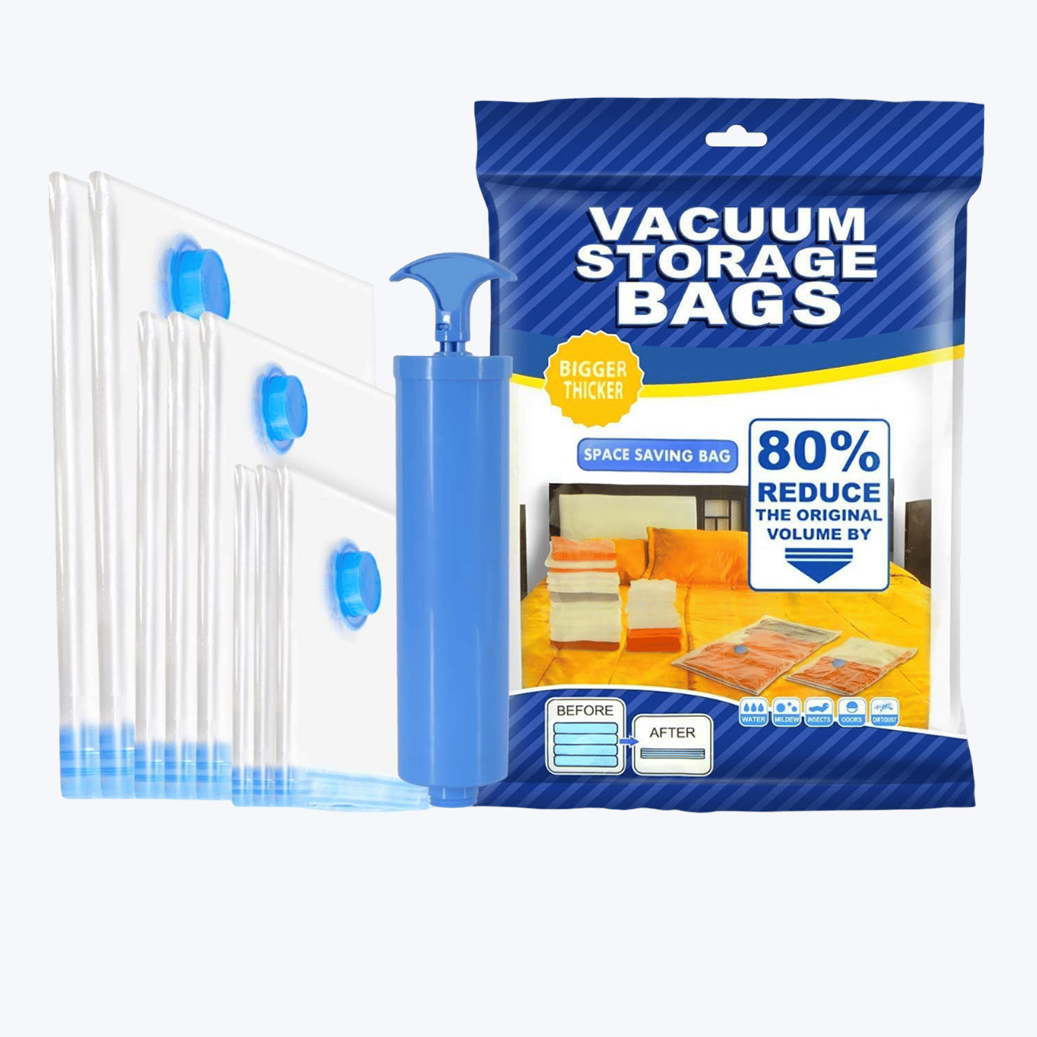     			Vacuum Storage Bags For Clothes With Hand Pump, Vacuum Seal Bags For Clothing, 5Pcs Space Saver Bags For Travel & Home, Self-Compression Organizer For Blankets, Pillows, Blankets & Sweaters