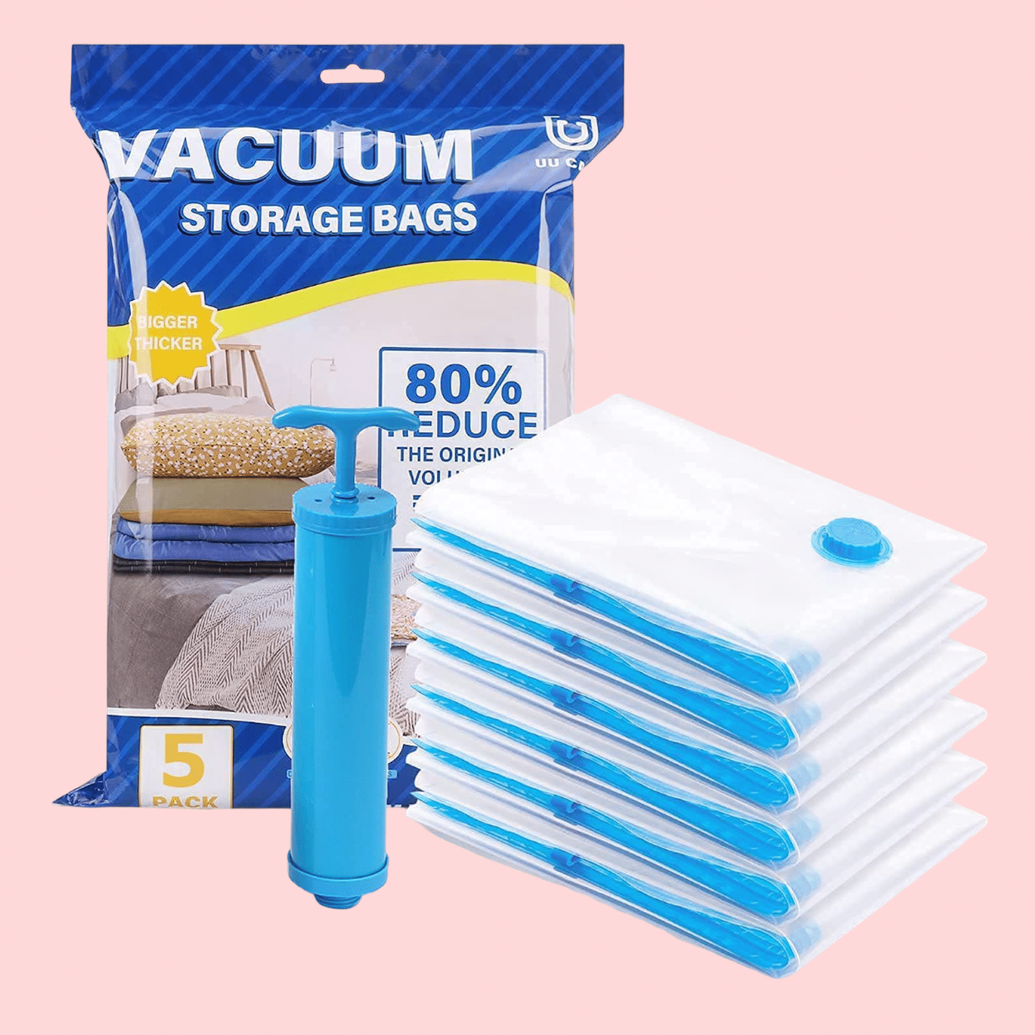     			Vacuum Storage Bags For Clothes With Hand Pump, Vacuum Seal Bags For Clothing, 5Pcs Space Saver Bags For Travel & Home, Self-Compression Organizer For Blankets, Pillows, Blankets & Sweaters