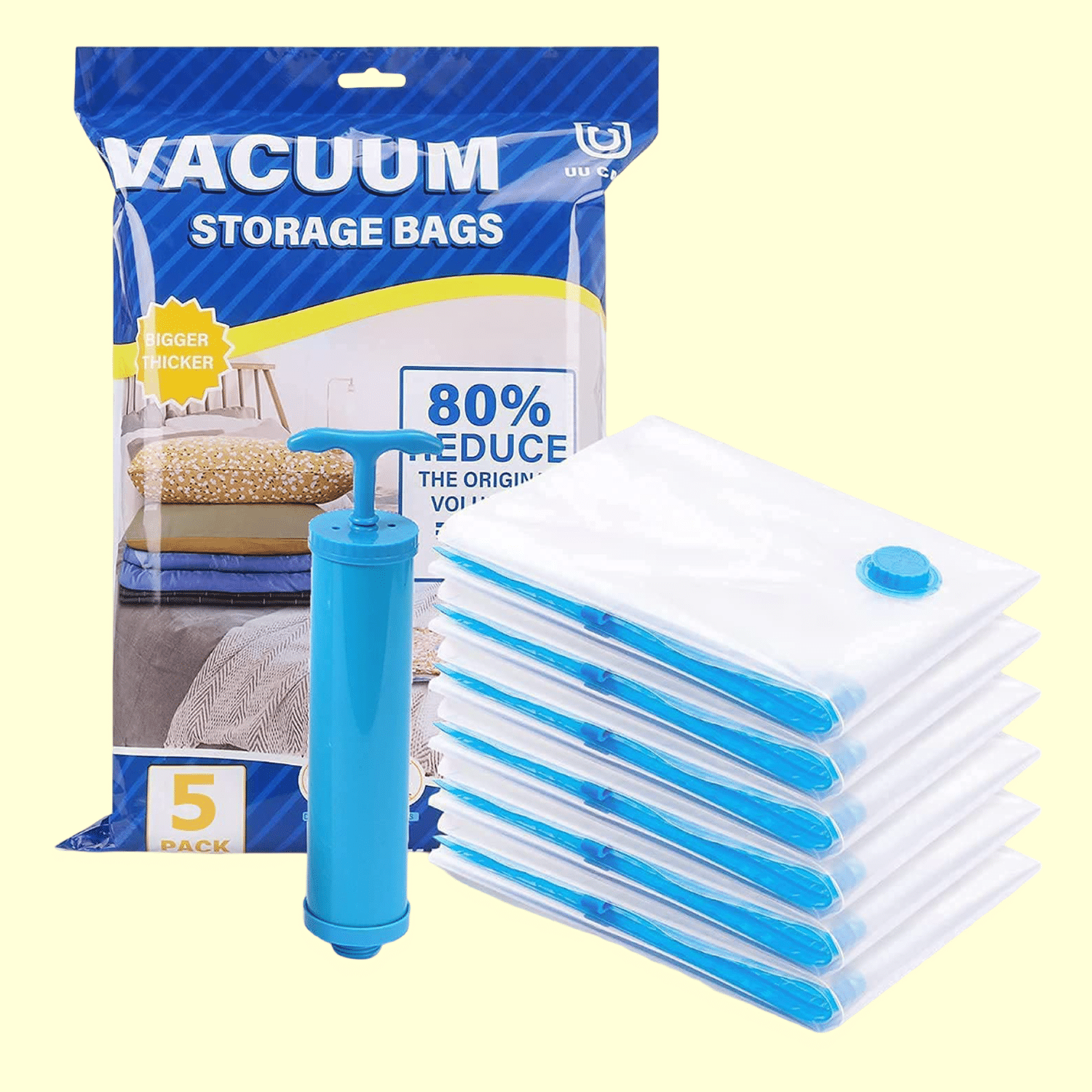     			Vacuum Storage Bags For Clothes With Hand Pump, Vacuum Seal Bags For Clothing, 5Pcs Space Saver Bags For Travel & Home, Self-Compression Organizer For Blankets, Pillows, Blankets & Sweaters