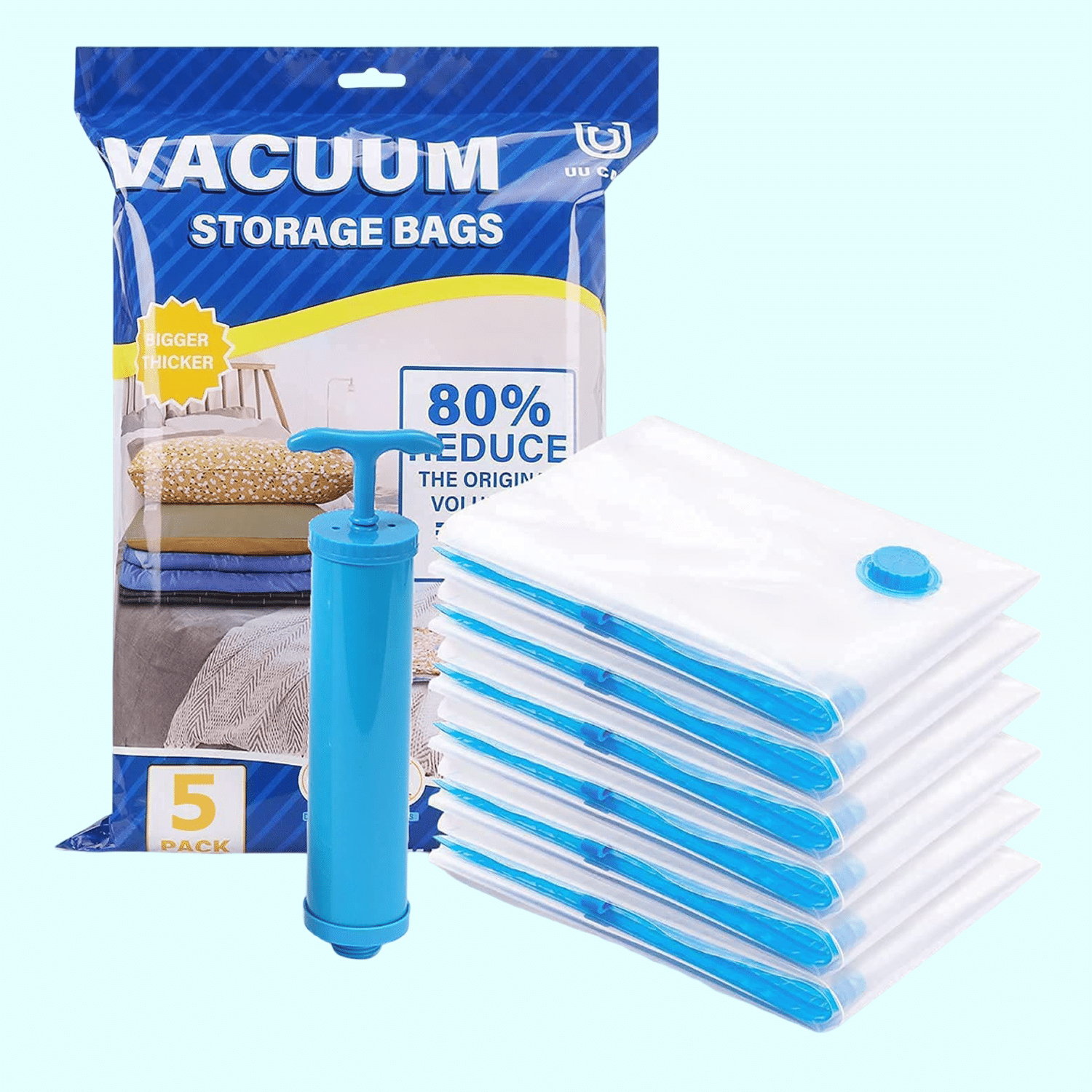     			Vacuum Storage Bags For Clothes With Hand Pump, Vacuum Seal Bags For Clothing, 5Pcs Space Saver Bags For Travel & Home, Self-Compression Organizer For Blankets, Pillows, Blankets & Sweaters