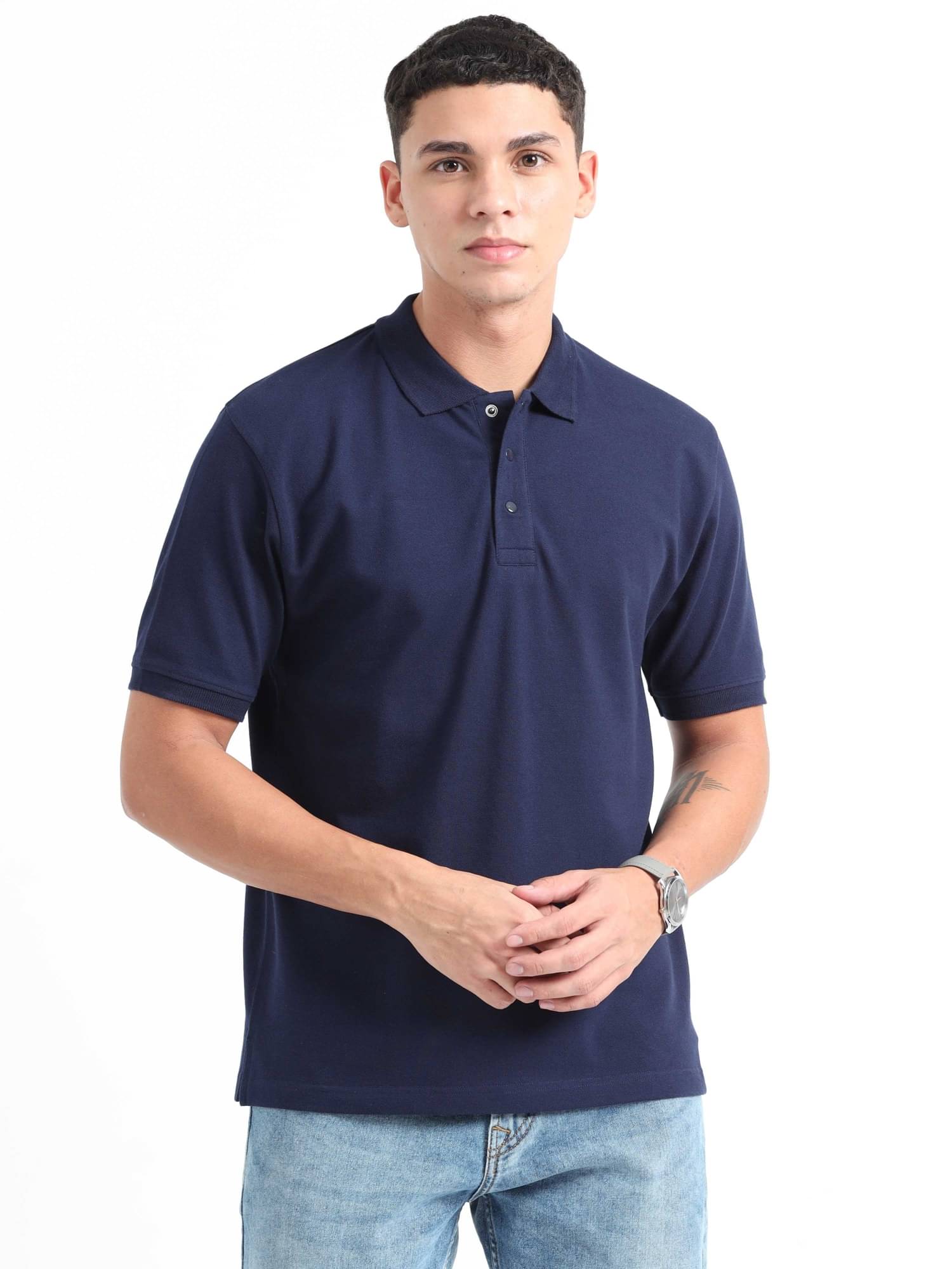     			AWANI KNITWEAR Men Cotton Blend Regular Fit Solid Polo T Shirt ( Navy Blue )