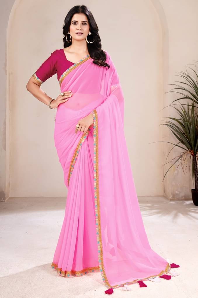 BATHANI CREATION Georgette Colorblock Bhagalpuri Saree With Unstitched Blouse Piece ( Pink ) BATHANI CREATION Georgette Colorblock Bhagalpuri Saree With Unstitched Blouse Piece ( Pink )