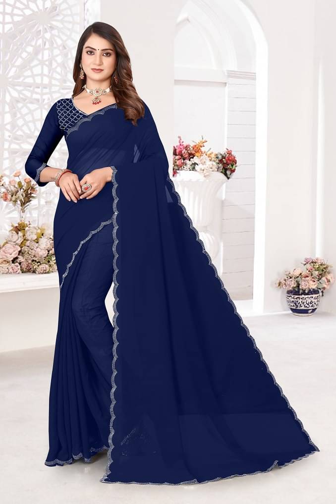     			BATHANI CREATION Georgette Embellished Bhagalpuri Saree With Unstitched Blouse Piece ( Navy Blue )