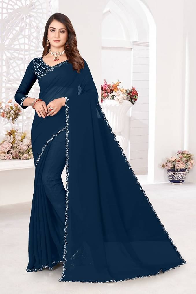     			BATHANI CREATION Georgette Embellished Bhagalpuri Saree With Unstitched Blouse Piece ( Blue )