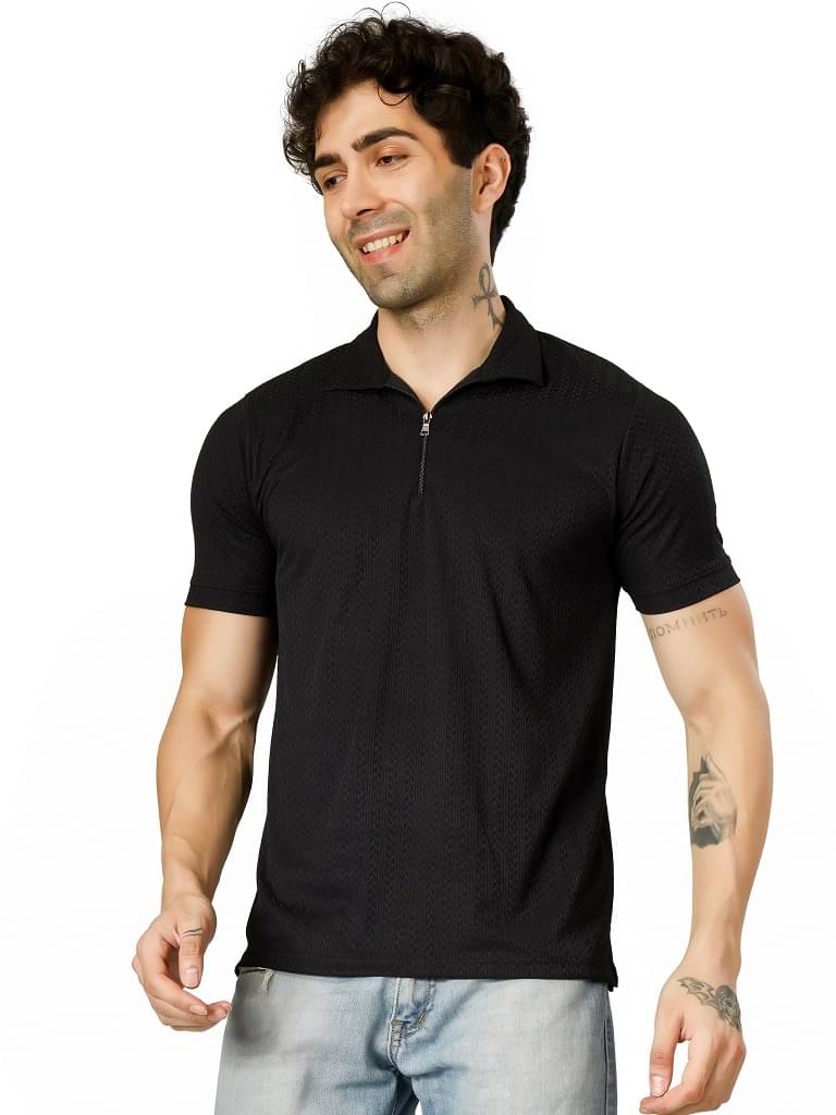     			BLUEFICUS Men Polyester Regular Fit Solid Polo T Shirt ( Black )
