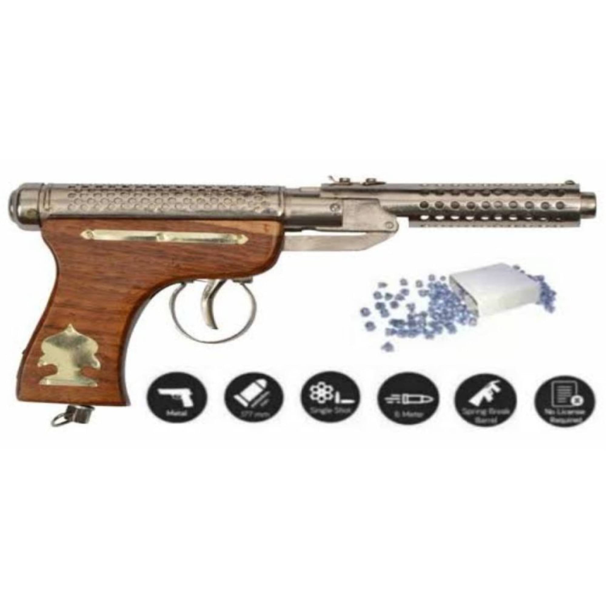 Brown Handel Golden Printed Air Pistol Metal Gun / Bandook With Free Cover And 200 Pellets / Bullets For Adults Brown Handel Golden Printed Air Pistol Metal Gun / Bandook With Free Cover And 200 Pellets / Bullets For Adults