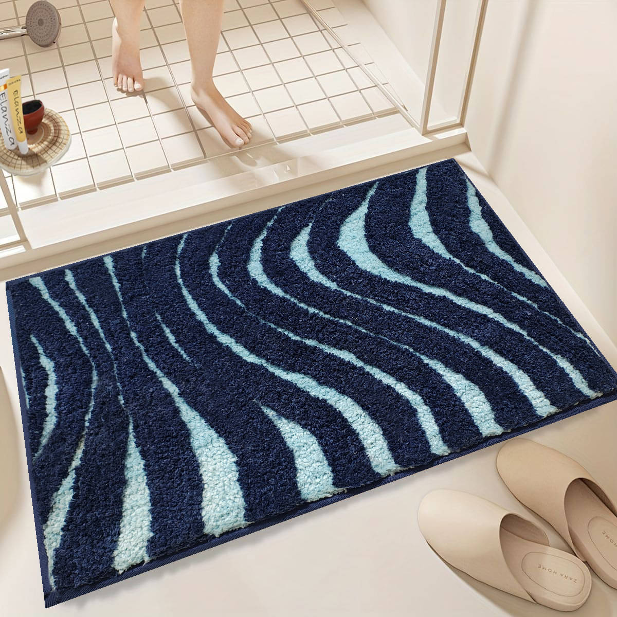     			ELANZA Navy Polyester Rectangular Floor Mat ( Pack of 1 )