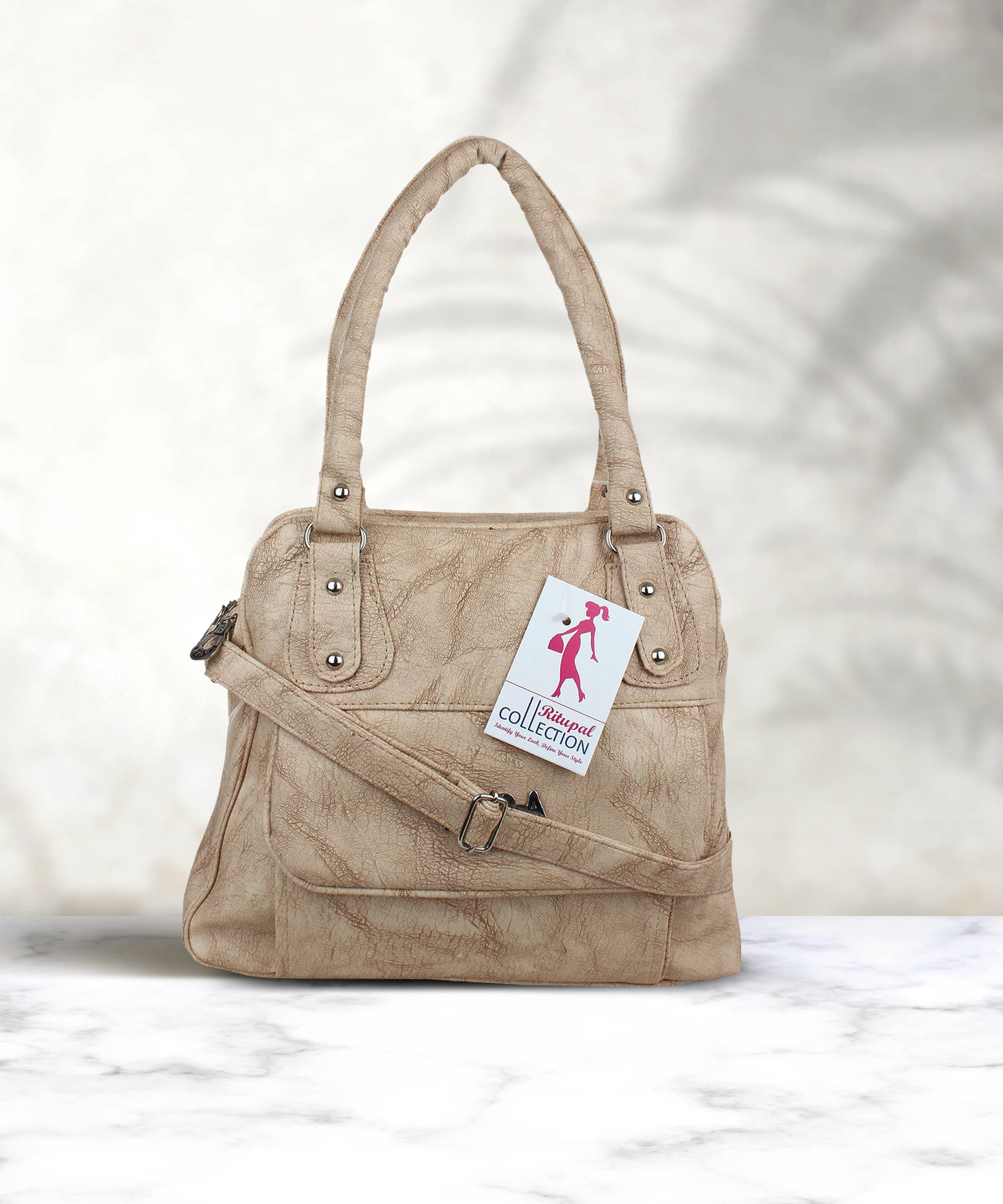     			Generic Handheld Bag Faux Leather Set of 1 ( Beige )