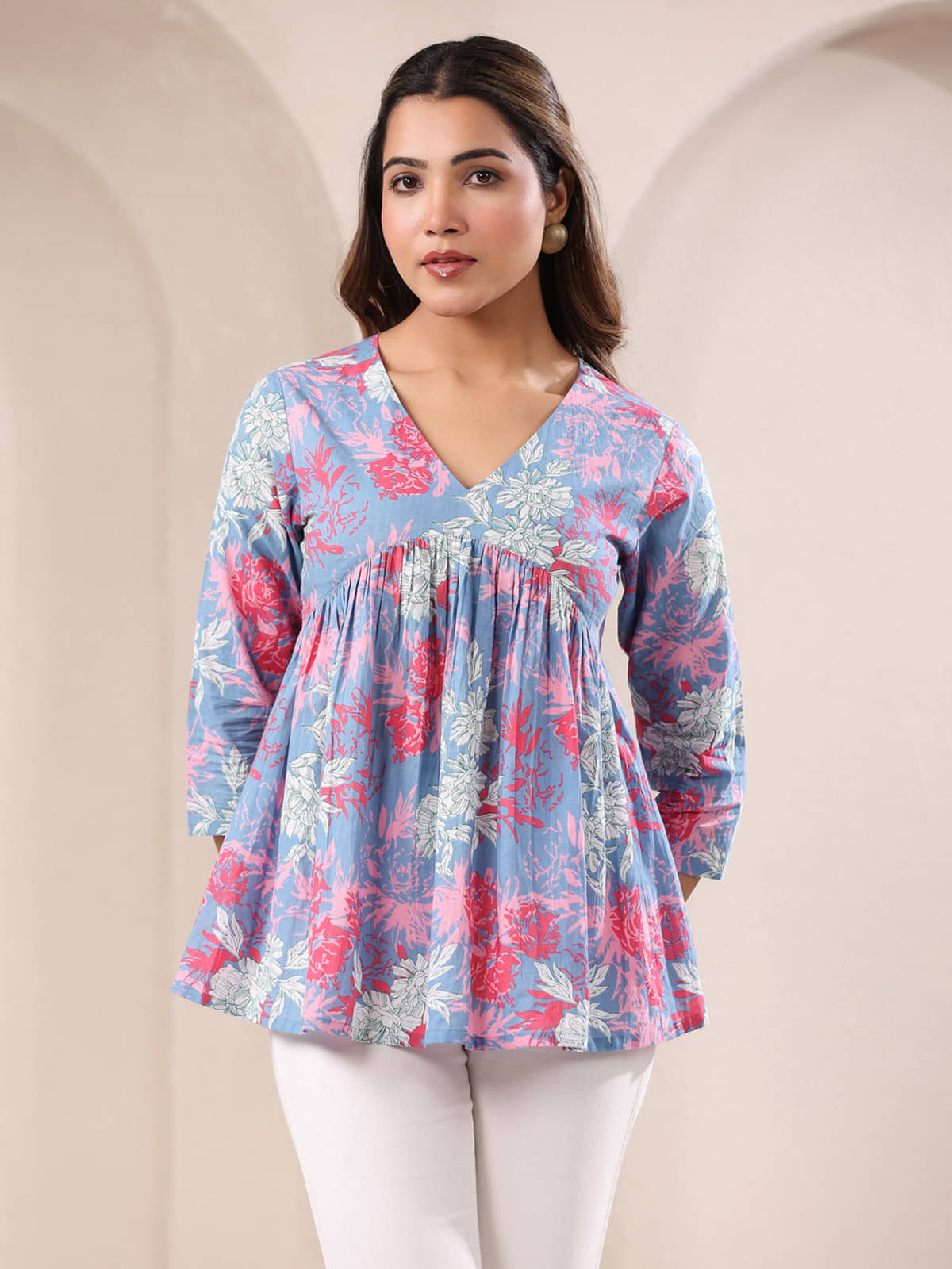     			Janasya Women's Cotton A-Line Top ( Blue )