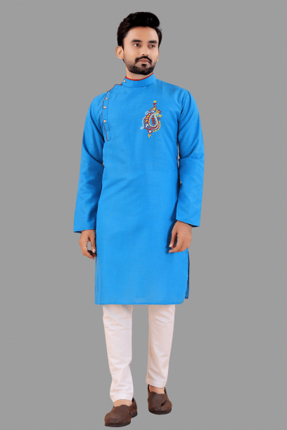     			KC Kunj Creation Sky Blue Cotton Blend Regular Fit Men's Kurta Pyjama Set ( Pack of 1 )