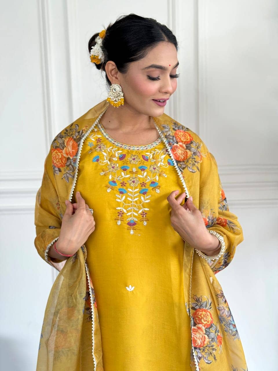 Mahek Fashion Women Viscose Embroidered A-line Kurti With Pants ( Yellow )