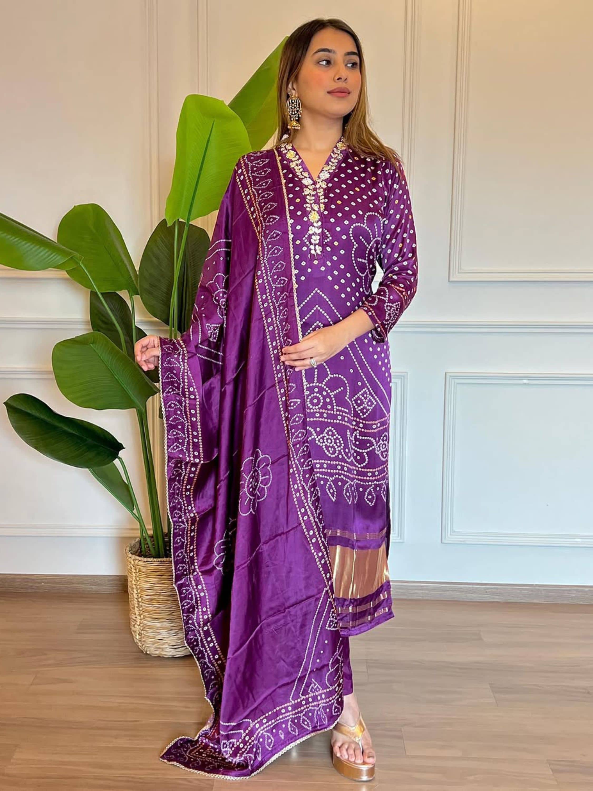 Niza Fashion Women Viscose Embroidered Straight Kurti With Pants ( Purple )
