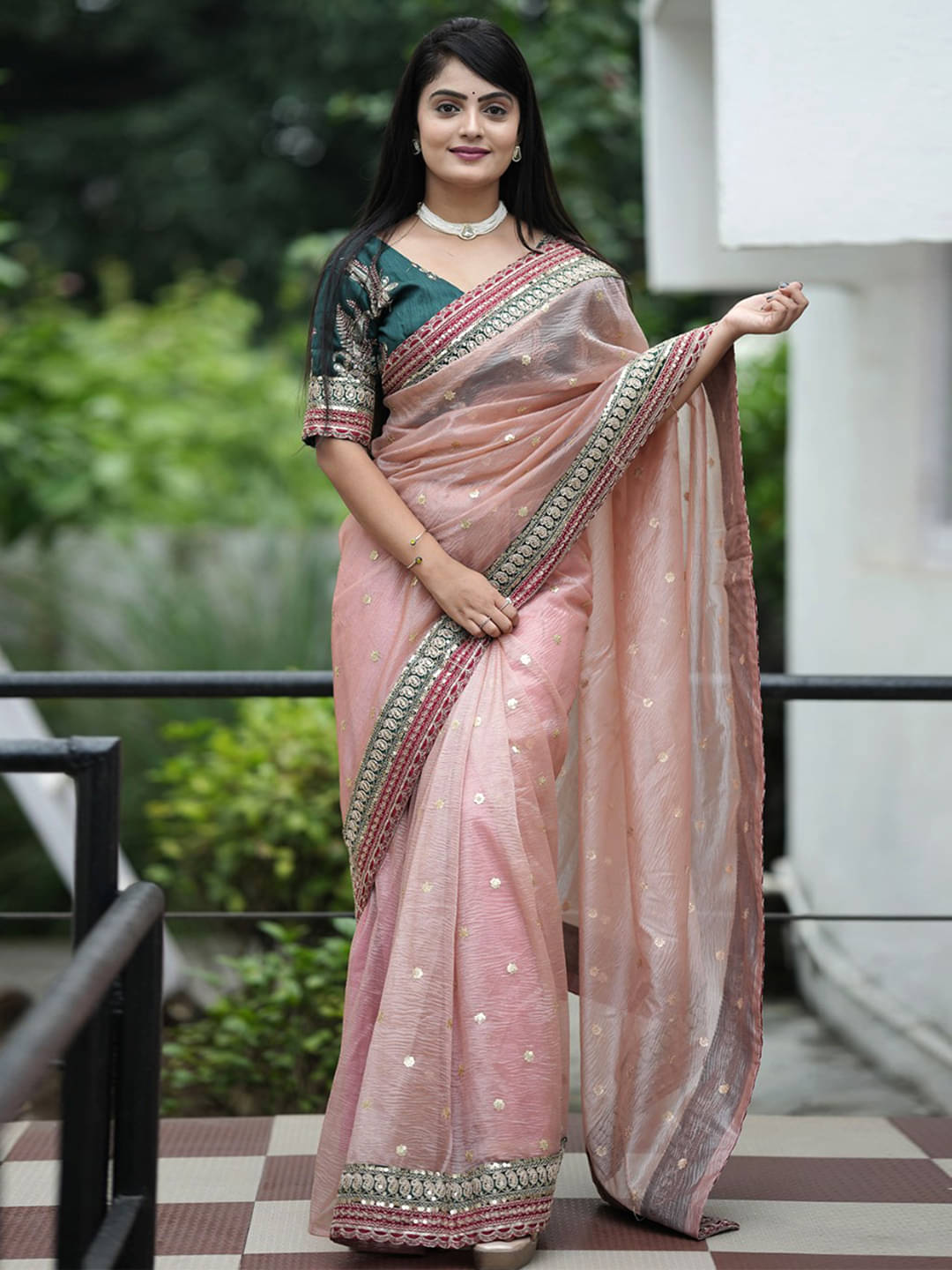 Prazvika Net Embroidered Chanderi saree With Unstitched Blouse Piece ( Peach,Green ) Prazvika Net Embroidered Chanderi saree With Unstitched Blouse Piece ( Peach,Green )