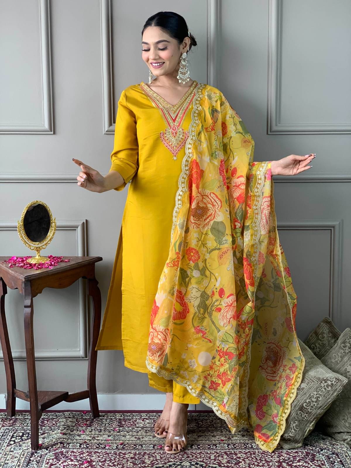     			RADHEKRISHNA FASHIONABLES Women Rayon Embroidered A-line Kurti With Pants ( Mustard )