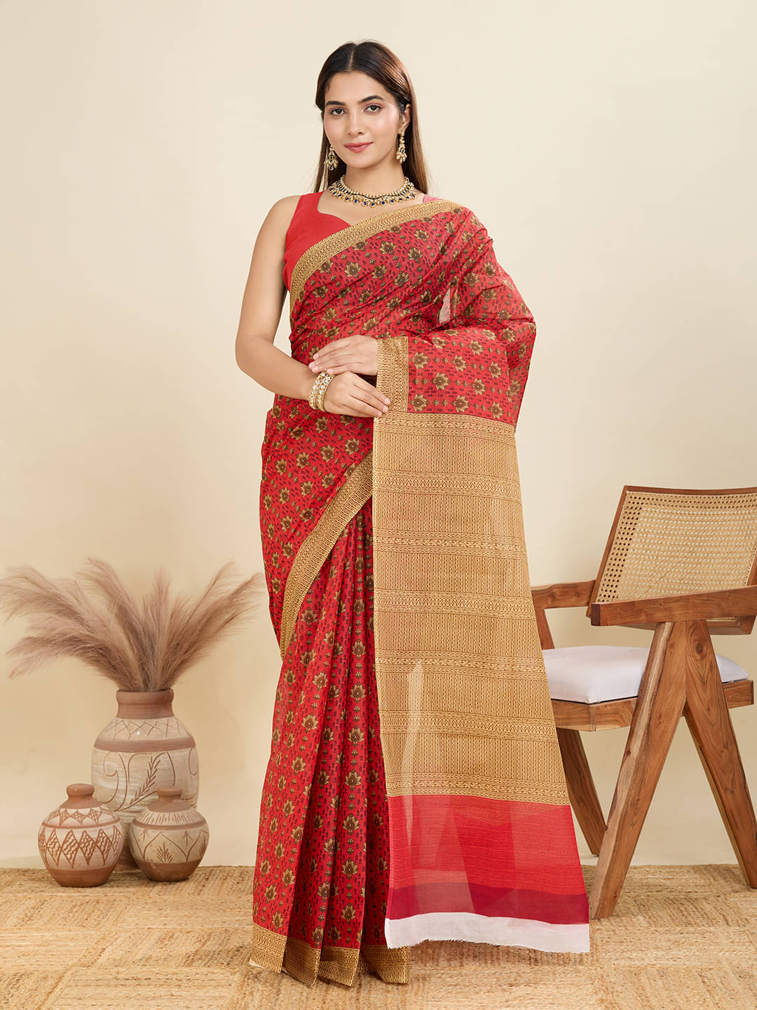     			SHANVIKA Cotton Printed Sambalpuri Saree Without Blouse Piece ( Red )
