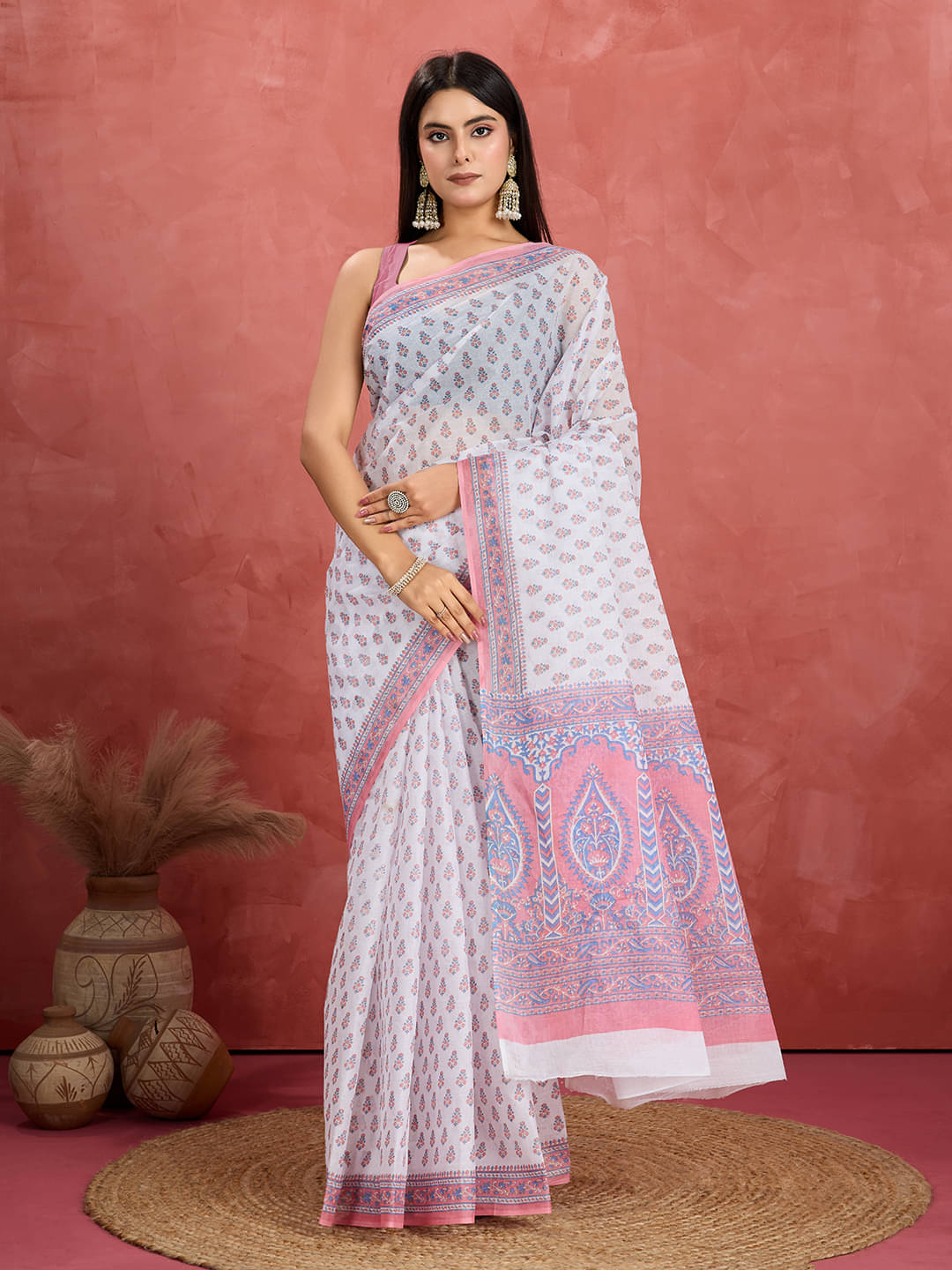     			SHANVIKA Cotton Printed Sambalpuri Saree Without Blouse Piece ( White )