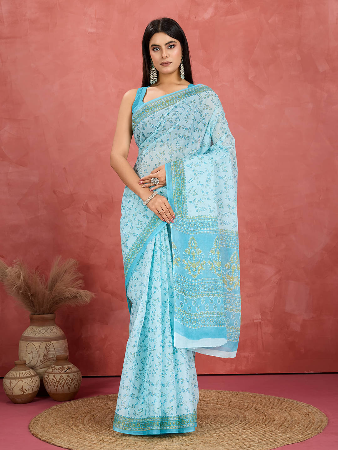SHANVIKA Cotton Printed Sambalpuri Saree Without Blouse Piece ( Turquoise ) SHANVIKA Cotton Printed Sambalpuri Saree Without Blouse Piece ( Turquoise )