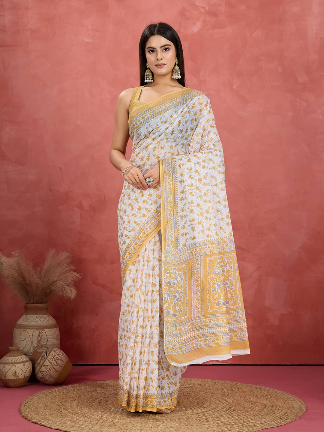     			SHANVIKA Cotton Printed Sambalpuri Saree Without Blouse Piece ( White )