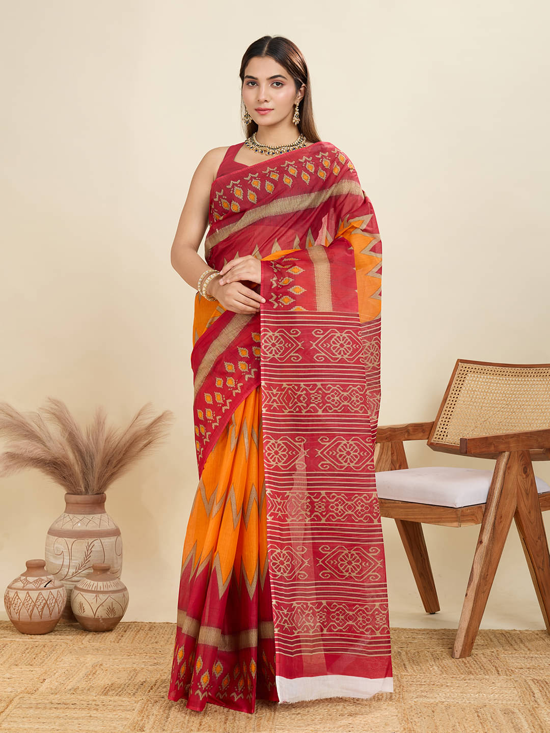     			SHANVIKA Cotton Printed Sambalpuri Saree Without Blouse Piece ( Orange )