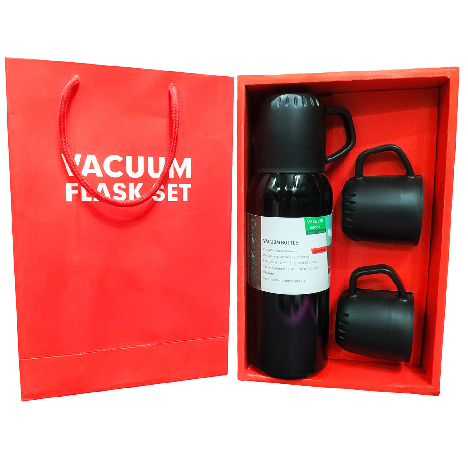     			viDixn Designer Vaccum Insulated Flask 3 Cup Set (500mL) Hot & Cold Leak-proof, Rust Free, BPA Free Double Wall Thermo Stainless Steel Water Bottle for Gift Set with Two Cups (Black_500mL)