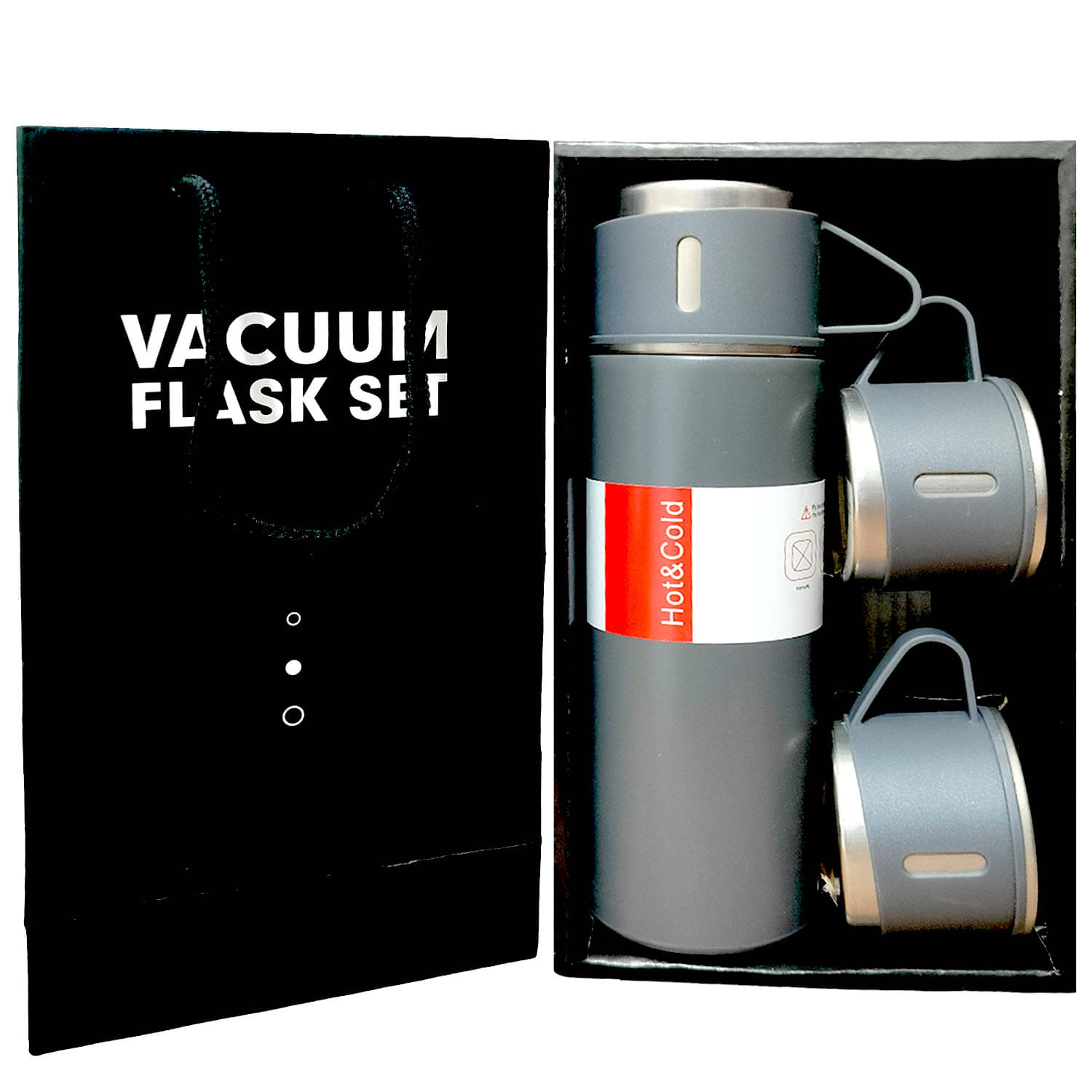     			viDixn Vaccum Insulated Flask 3 Cup Set (500mL) Hot & Cold Leak-proof, Rust Free, BPA Free Double Wall Thermo Stainless Steel Water Bottle for Gift Set with Two Cups (Grey_500mL)
