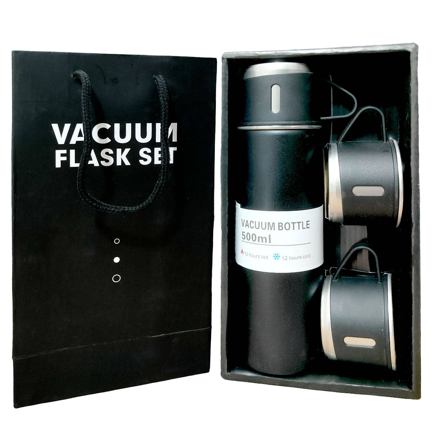     			viDixn Vaccum Insulated Flask 3 Cup Set (500mL) Hot & Cold Leak-proof, Rust Free, BPA Free Double Wall Thermo Stainless Steel Water Bottle for Gift Set with Two Cups (Black_500mL)