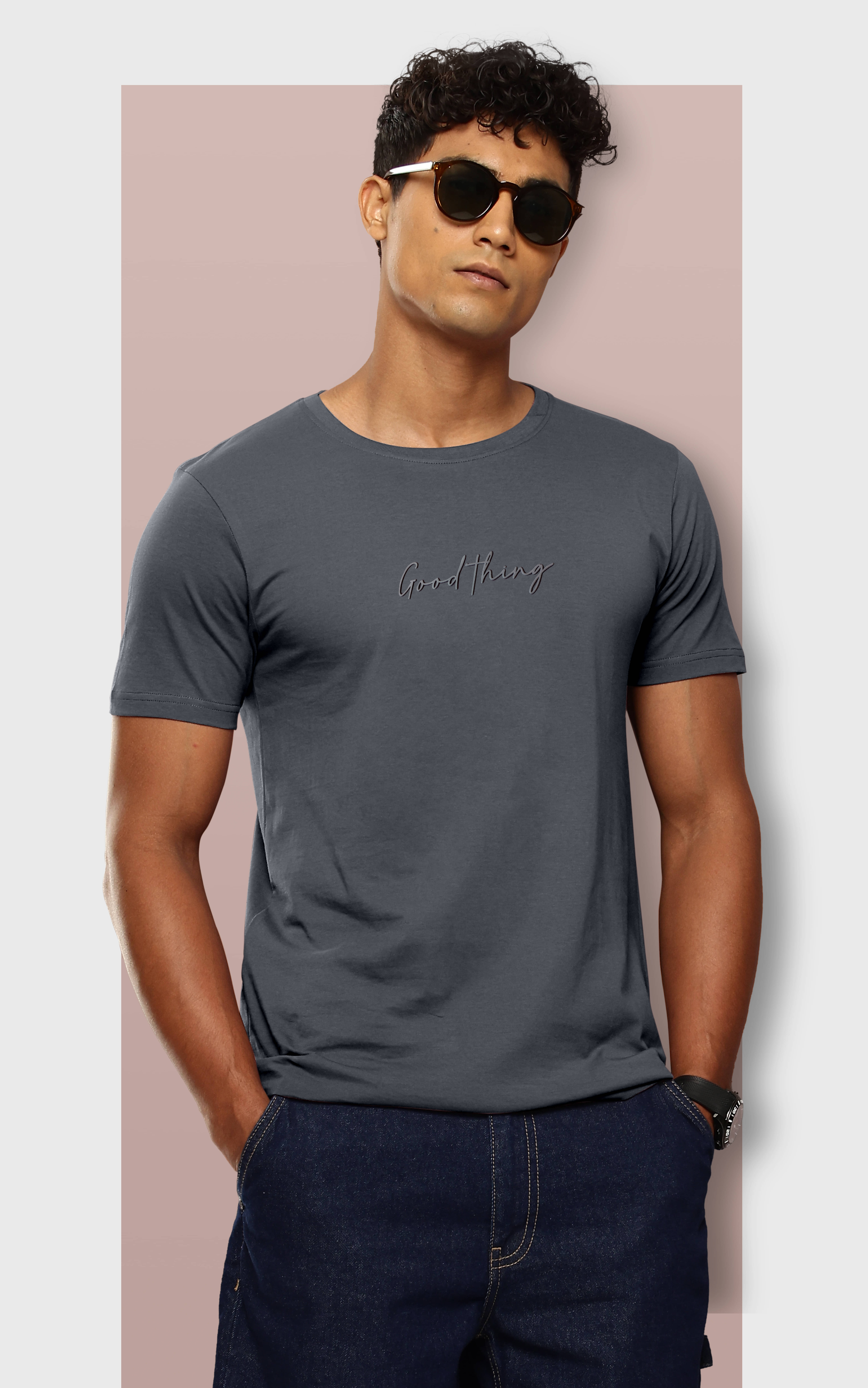     			FROSEN FOX Men Cotton Blend Regular Fit Self Design T-Shirt ( Grey )