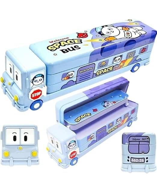     			Freedy Pencil Box Cartoon Printed School Bus Metal Double Decker Bus Shape Pencil Box For Kids With Moving Tyres & 3 Compartments Sharpener Geometry Case For kids Art Plastic Pencil Box  (Set of 1, Multicolor)