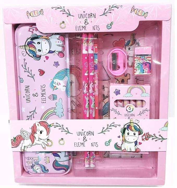     			Freedy Unicorn Pencil Box Unicorn School Stationery Kit combo 8-IN-1 Gift Set 2 Pencils Unicorn Metal Pencil Box/Sharpener/Eraser/ Scale/Crayon Birthday Gift for Girls Art Plastic Pencil Box  (Set of 1, Multicolor)