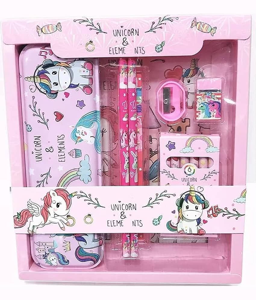 Freedy Unicorn Pencil Box Unicorn School Stationery Kit combo 8-IN-1 Gift Set 2 Pencils Unicorn Metal Pencil Box/Sharpener/Eraser/ Scale/Crayon Birthday Gift for Girls Art Plastic Pencil Box (Set of 1, Multicolor) - Stationery | Buy online on ZillyBuy