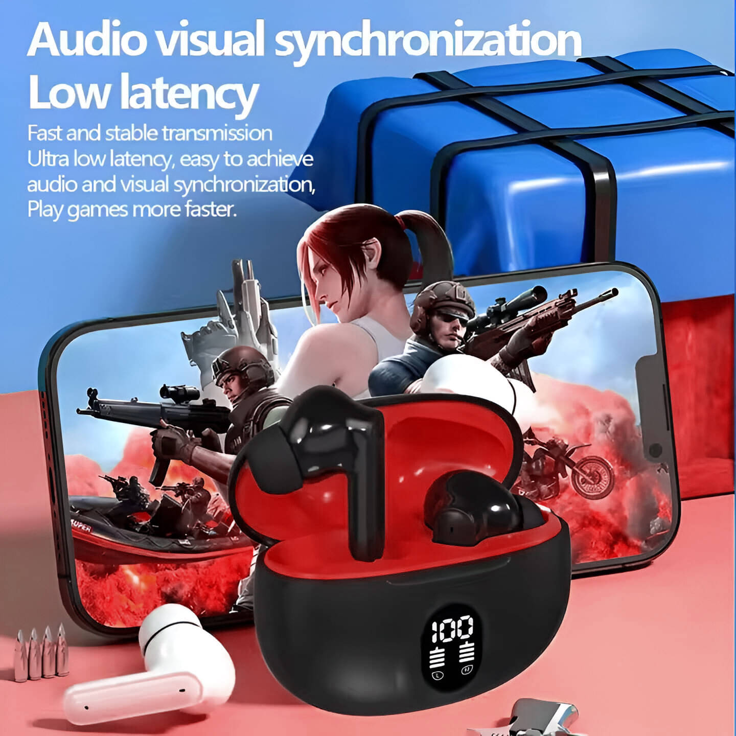     			HUG PUPPY Flash Pods – Red & Black TWS Earbuds with LED Case Display