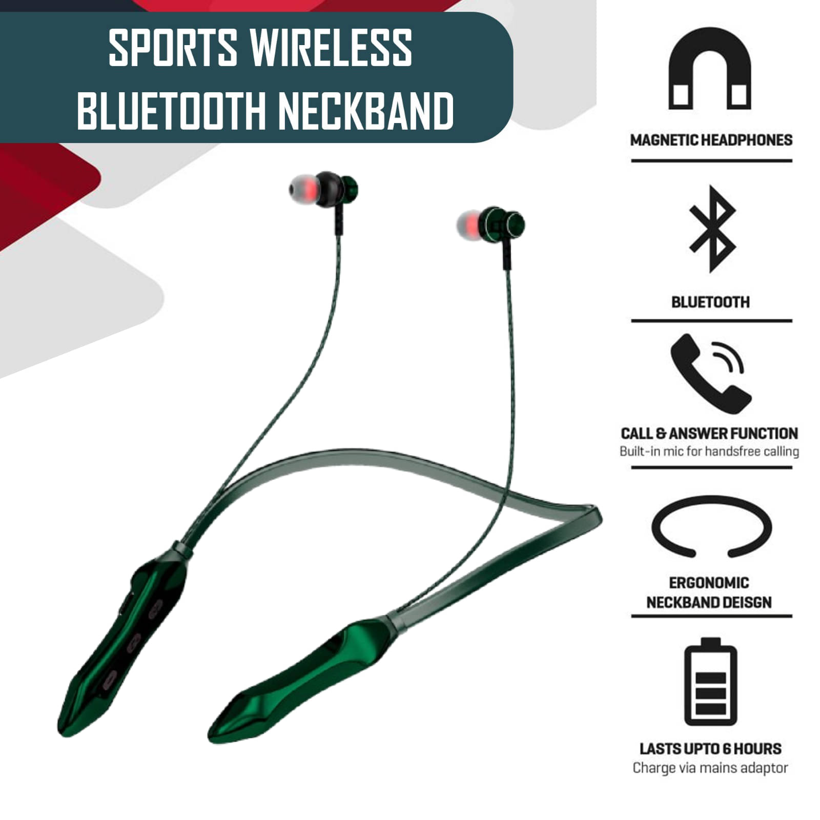     			HUG PUPPY Forest Green Wireless Neckband – All-Day Playtime, Magnetic Lock & Crisp Sound