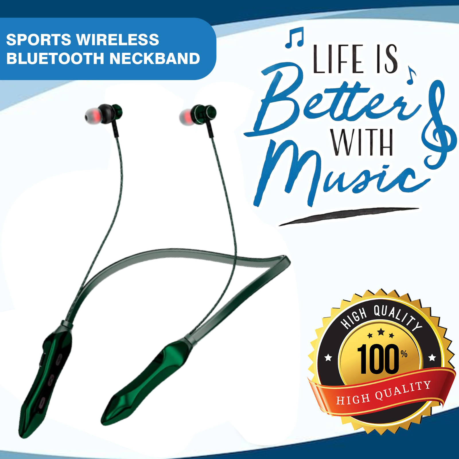     			HUG PUPPY Green Wireless Neckband – Bluetooth V5.3, HD Audio & Long Battery Life