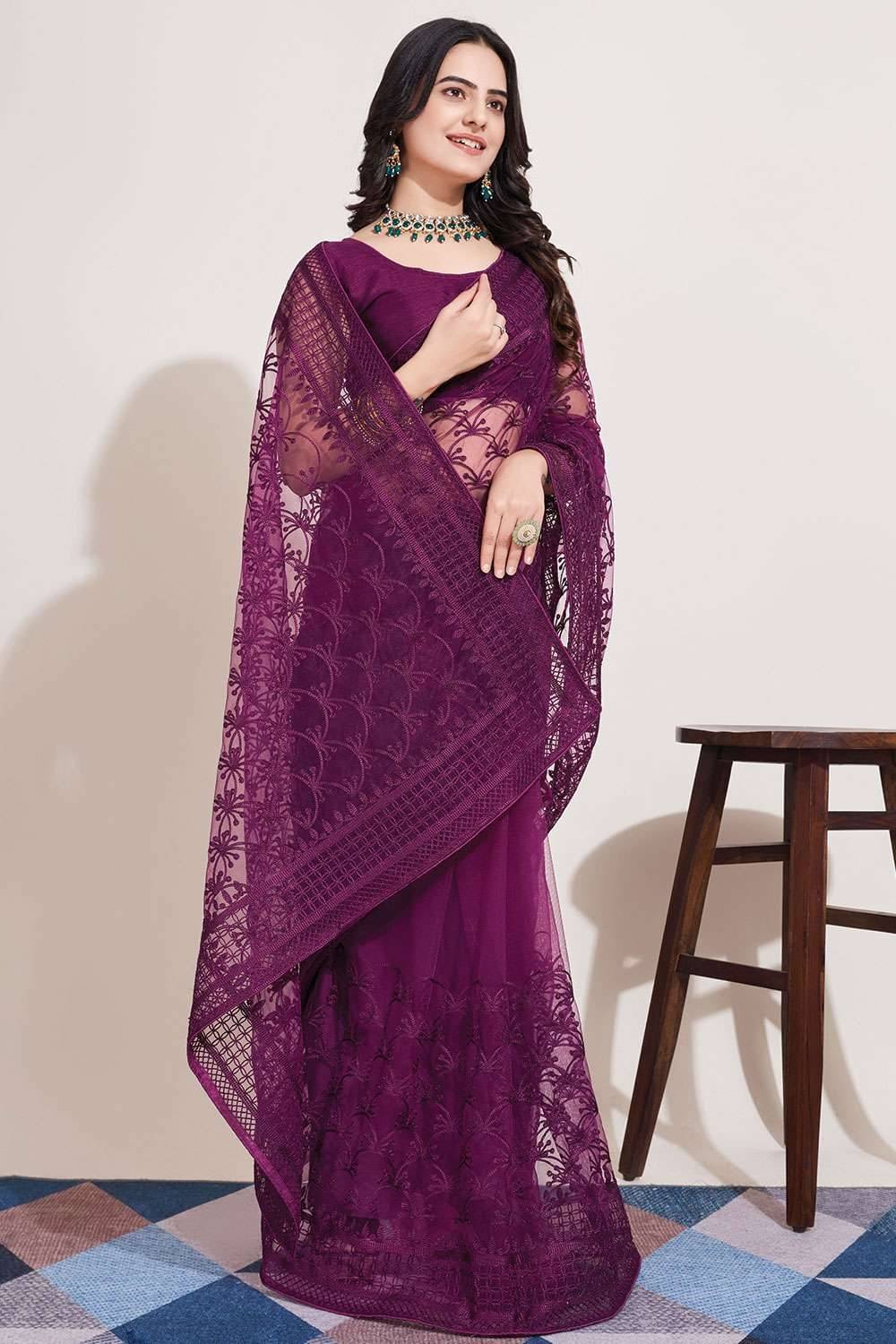     			Keyura Net Embroidered Leheriya Saree With Unstitched Blouse Piece ( Wine )
