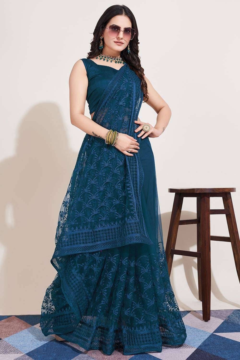 Keyura Net Embroidered Leheriya Saree With Unstitched Blouse Piece ( LightBLue ) Keyura Net Embroidered Leheriya Saree With Unstitched Blouse Piece ( LightBLue )