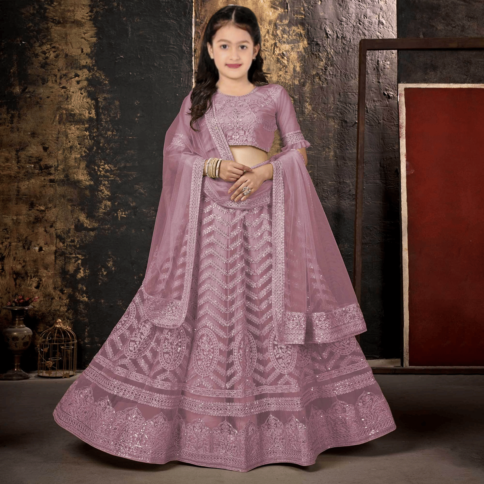     			Keyura Net Lehenga Choli Set For Girls ( Pack of 1 , Light Pink )