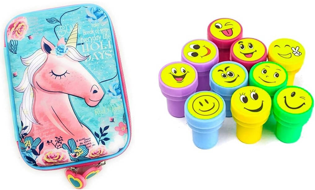     			MINDFIT Combo Pack of 2 Unicorn Theme Birthday Gift Item For Kids Pouch, Smiley Stamps