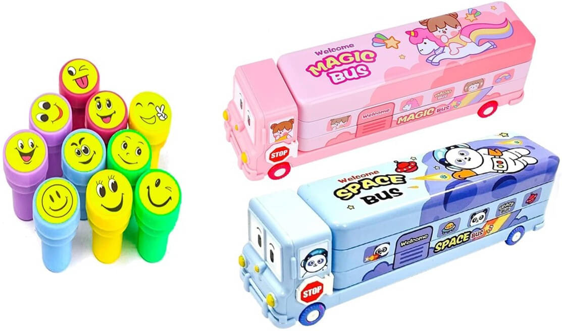 MINDFIT Combo Pack of 3 Birthday Return Gift Smiley Stamps & 2 Colorful Geometric Box MINDFIT Combo Pack of 3 Birthday Return Gift Smiley Stamps & 2 Colorful Geometric Box
